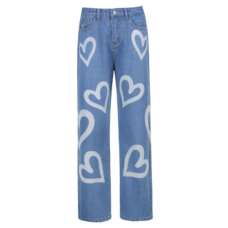 Heart graffiti high waist straight slim jeans